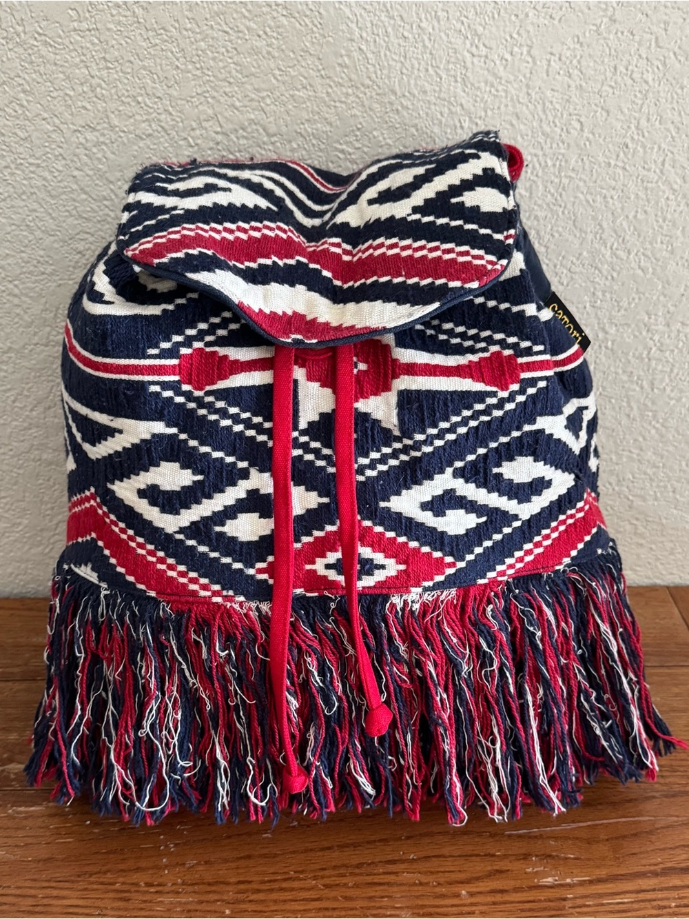 Catori Boho Foldover Flap Snap Southwest Aztec Woven Fringe Drawstring Backpack